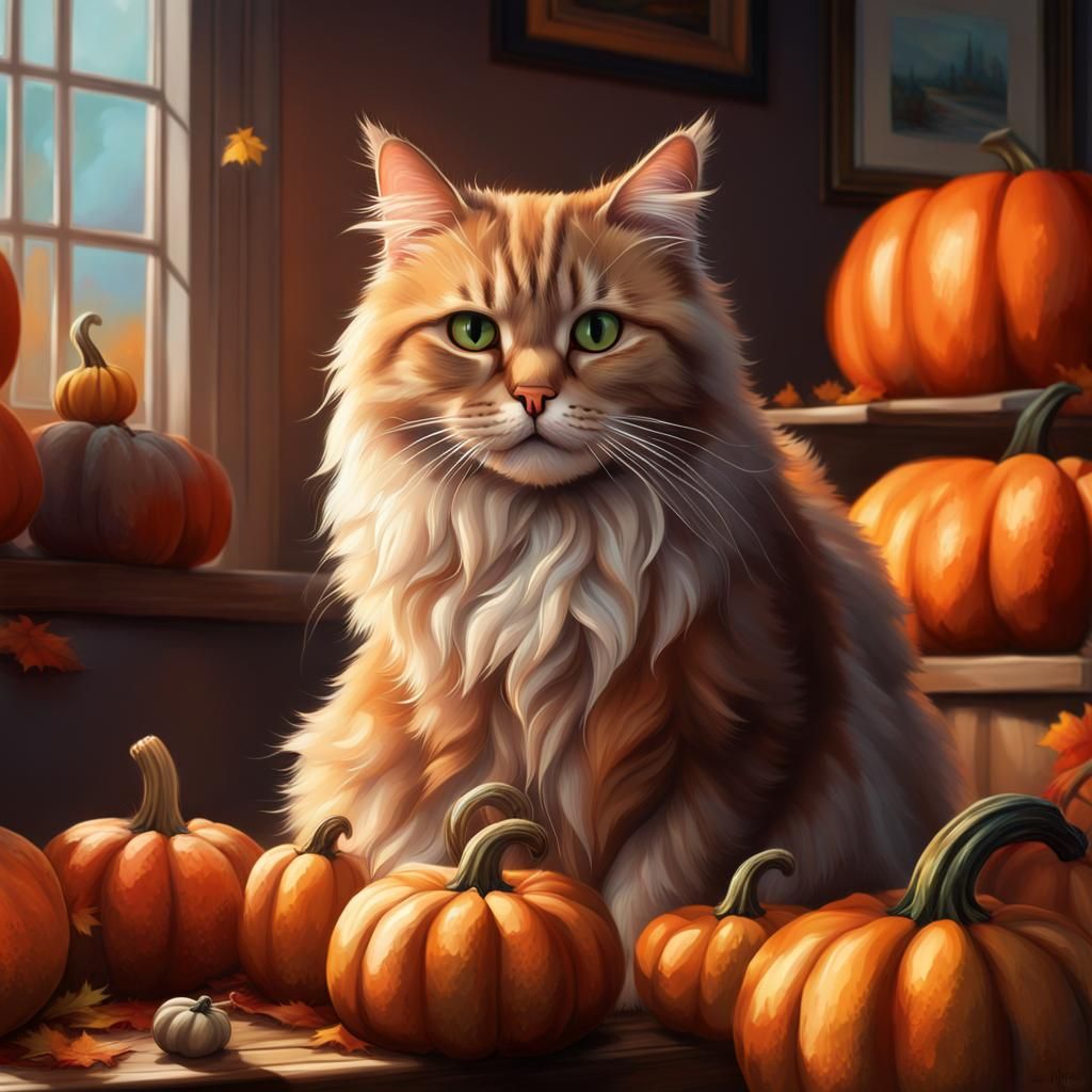Fluffy Cat on Pumpkin: Hyperrealistic Halloween Art