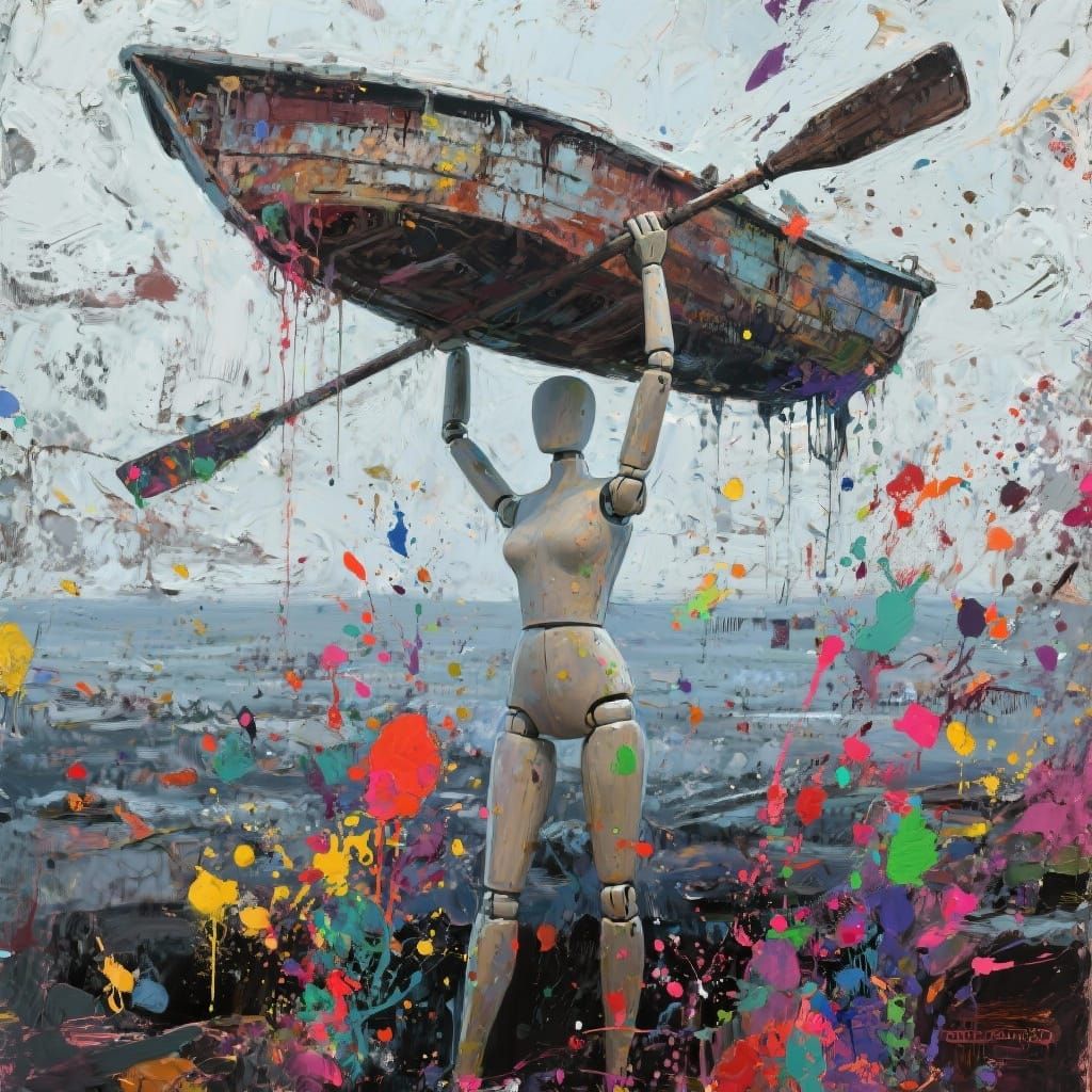 Ominous Mannequin Holds Rowboat in Textured Abstract Art