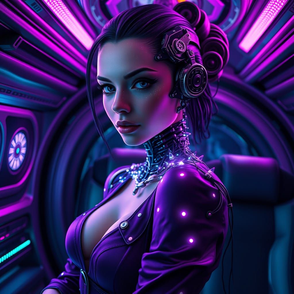 Cyborg Spy in Whimsical Space Interior