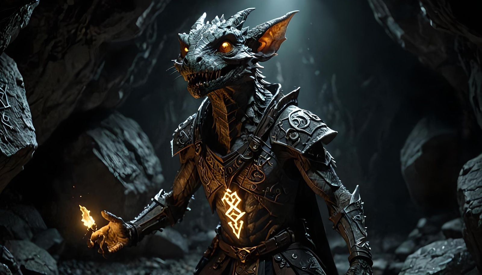 Dramatic Kobold Sorcerer in Dark Cave with Runes