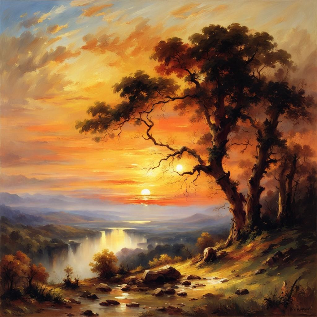 Sunset Landscape Painting in the Style of Moran