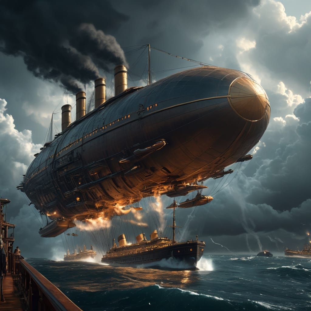 Epic Steampunk Airship Battle in a Stormy Sky