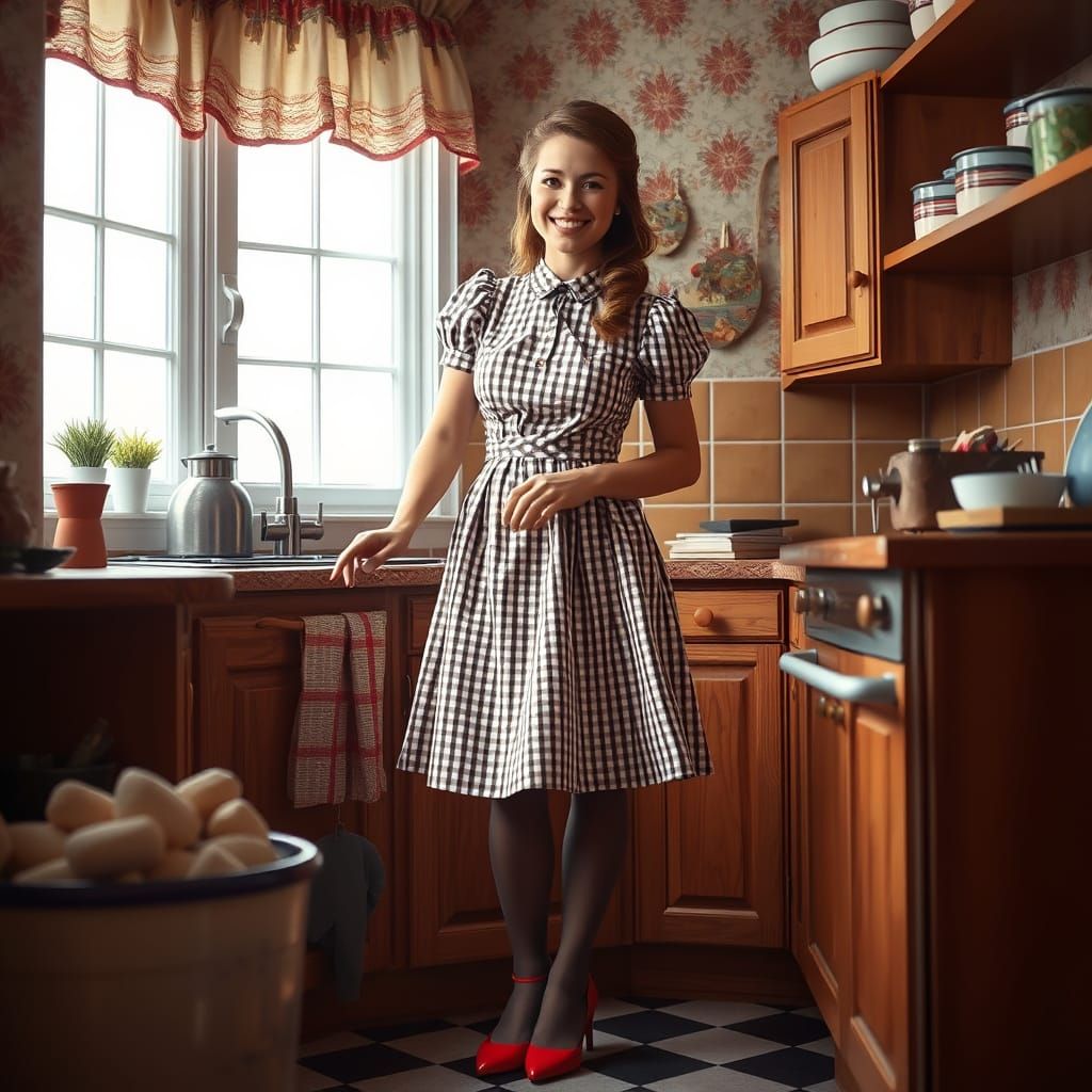 Happy Homemaker in Gingham Print Dress