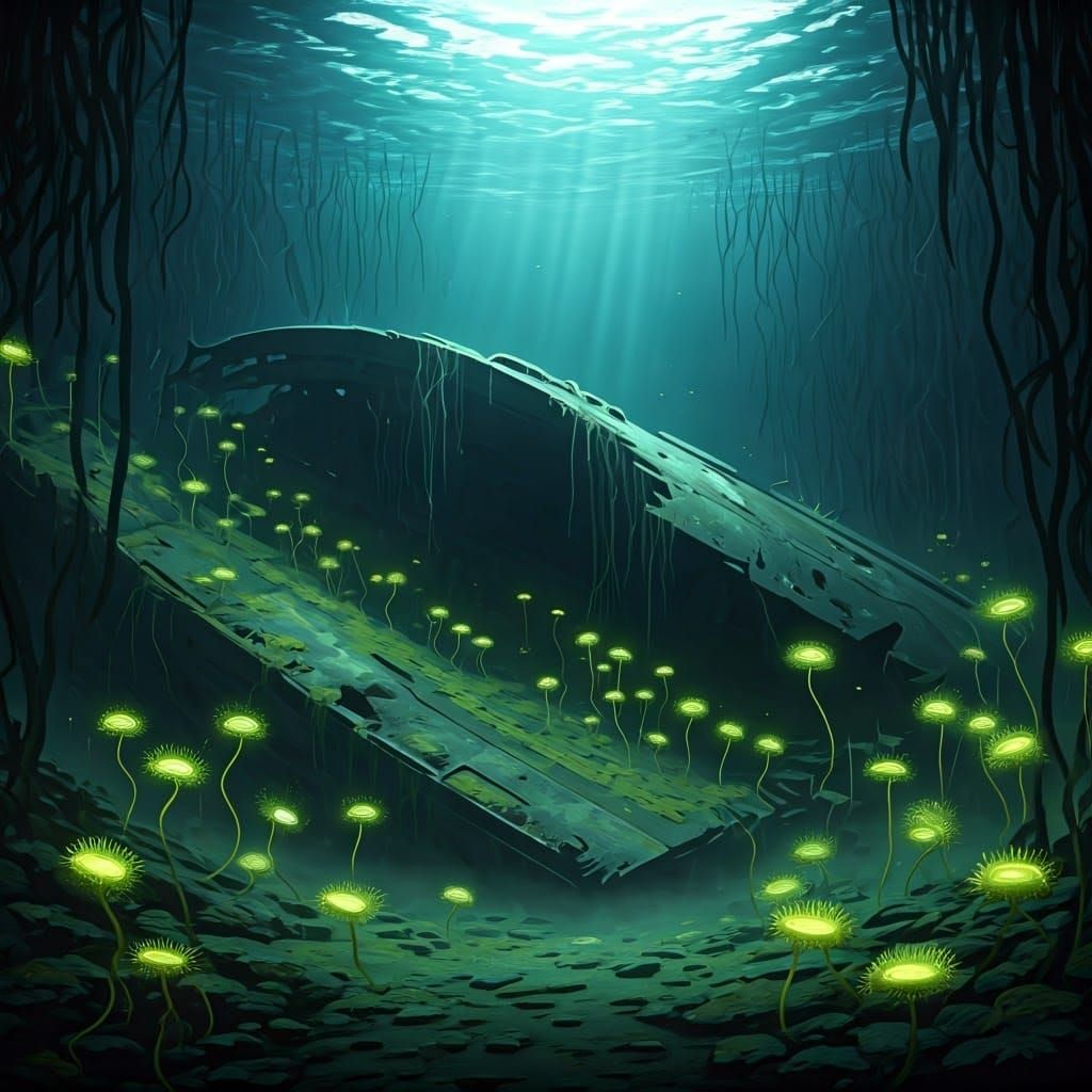 Underwater Starship Graveyard with Glowing Sundews