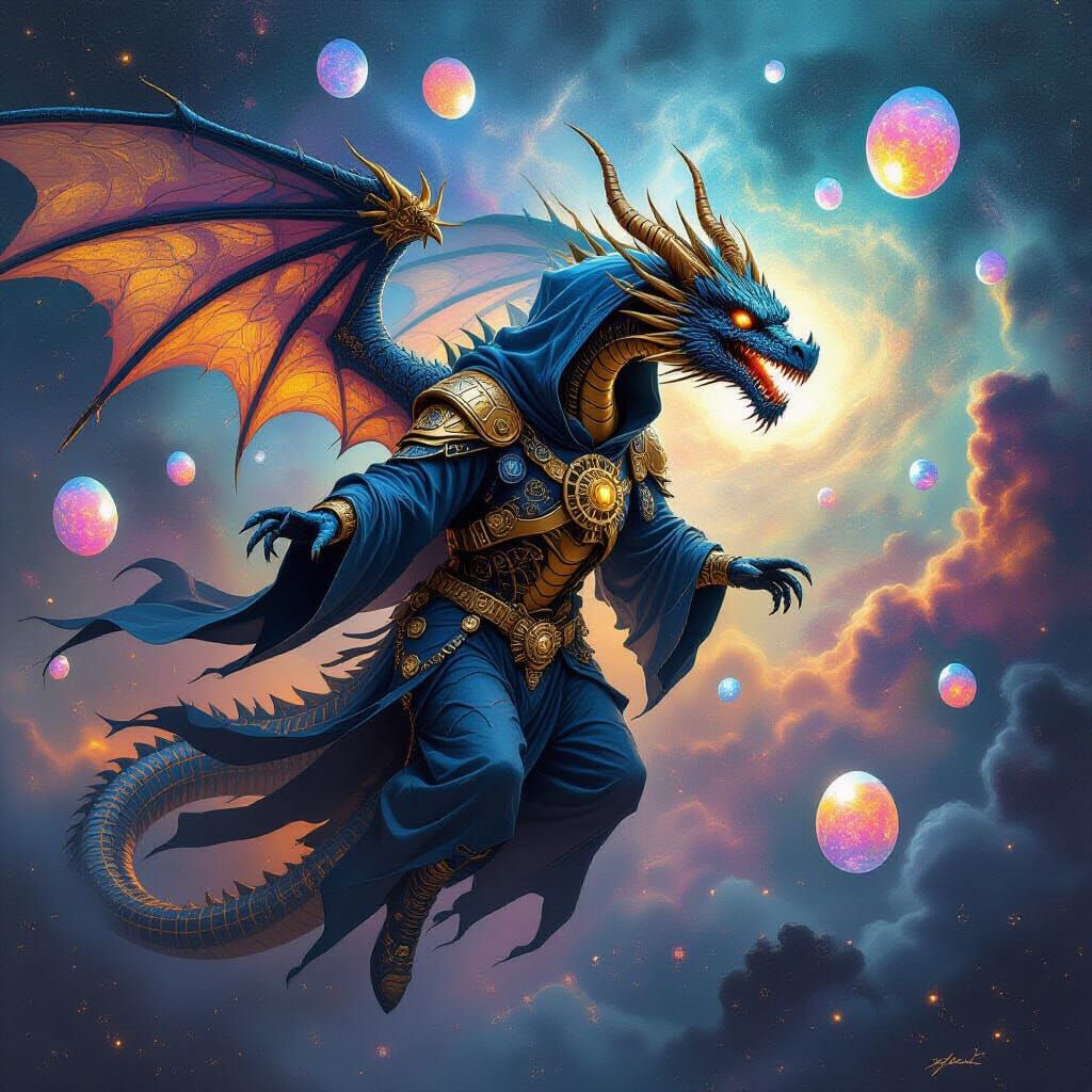 Biomechanical Dragon Soaring Through Iridescent Nebula