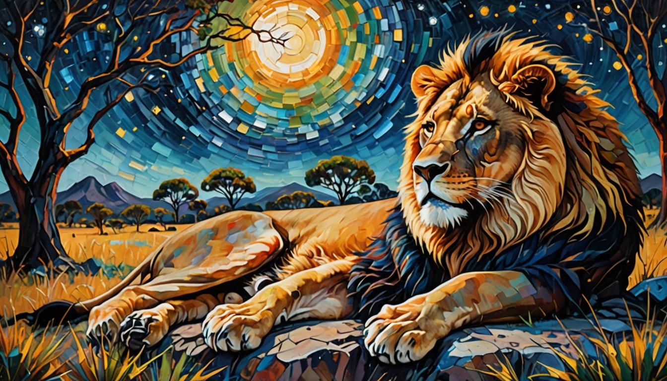 Dreamy Lion in Starry Serengeti: Impasto Oil Painting