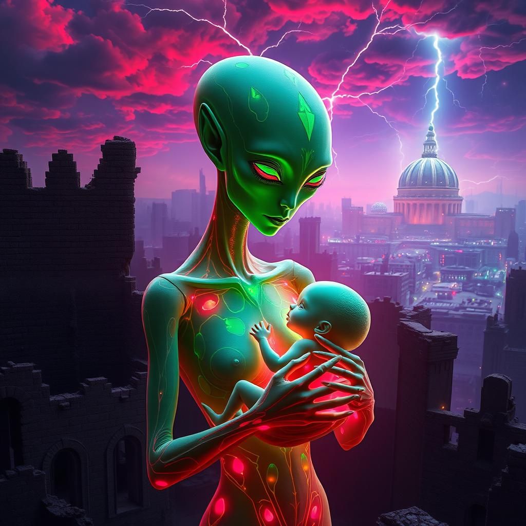 Ethereal Alien with Crimson Infant in Origami Style