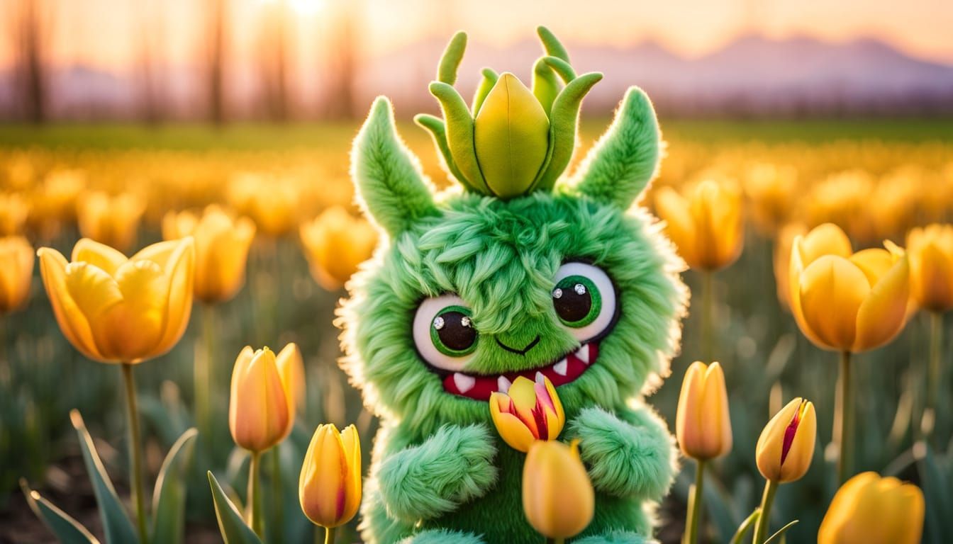 Adorable Green Plush Monster Snacking in a Tulip Field
