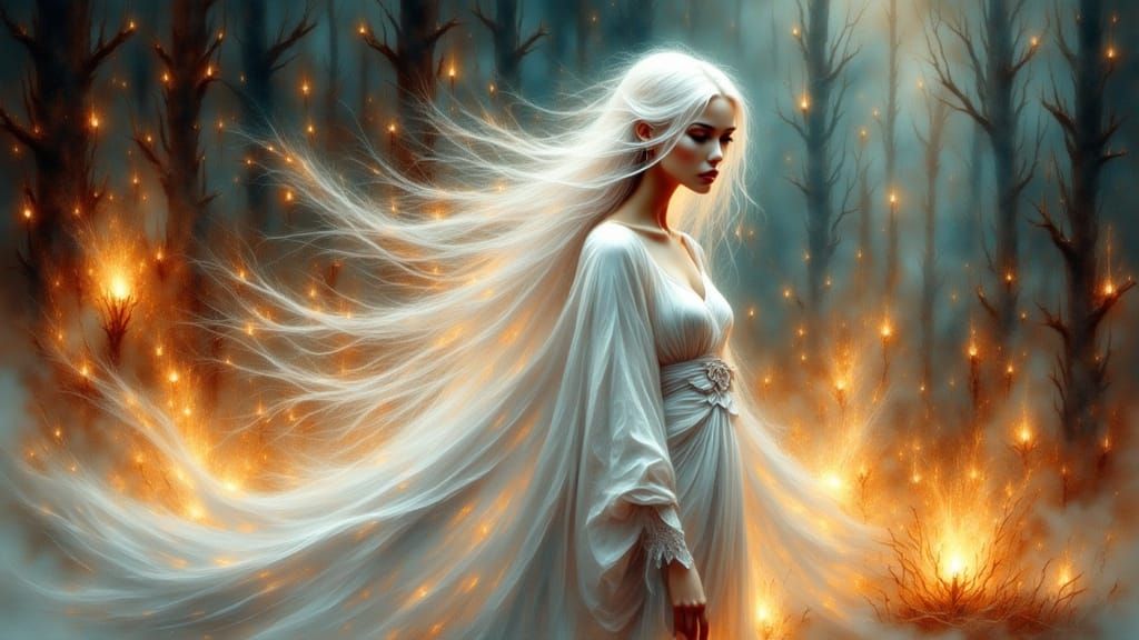 Serene White-Haired Woman Amidst Mystical Flames