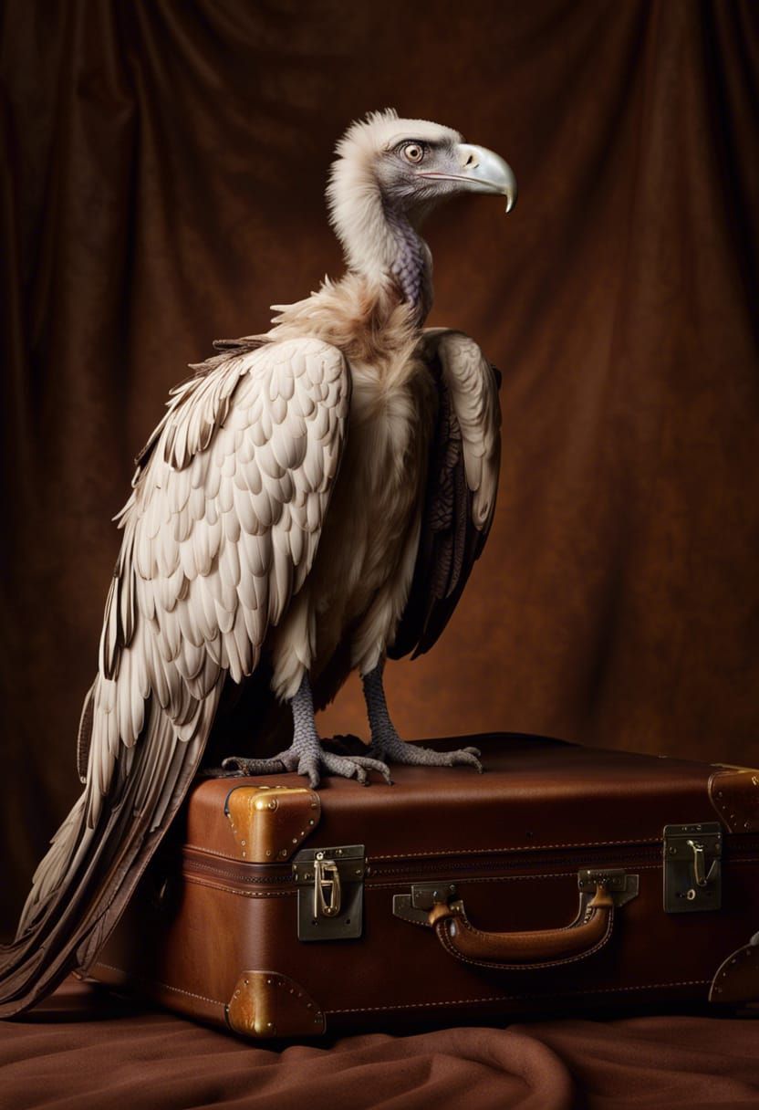 White Vulture on Suitcase: Photorealistic Bird Portrait