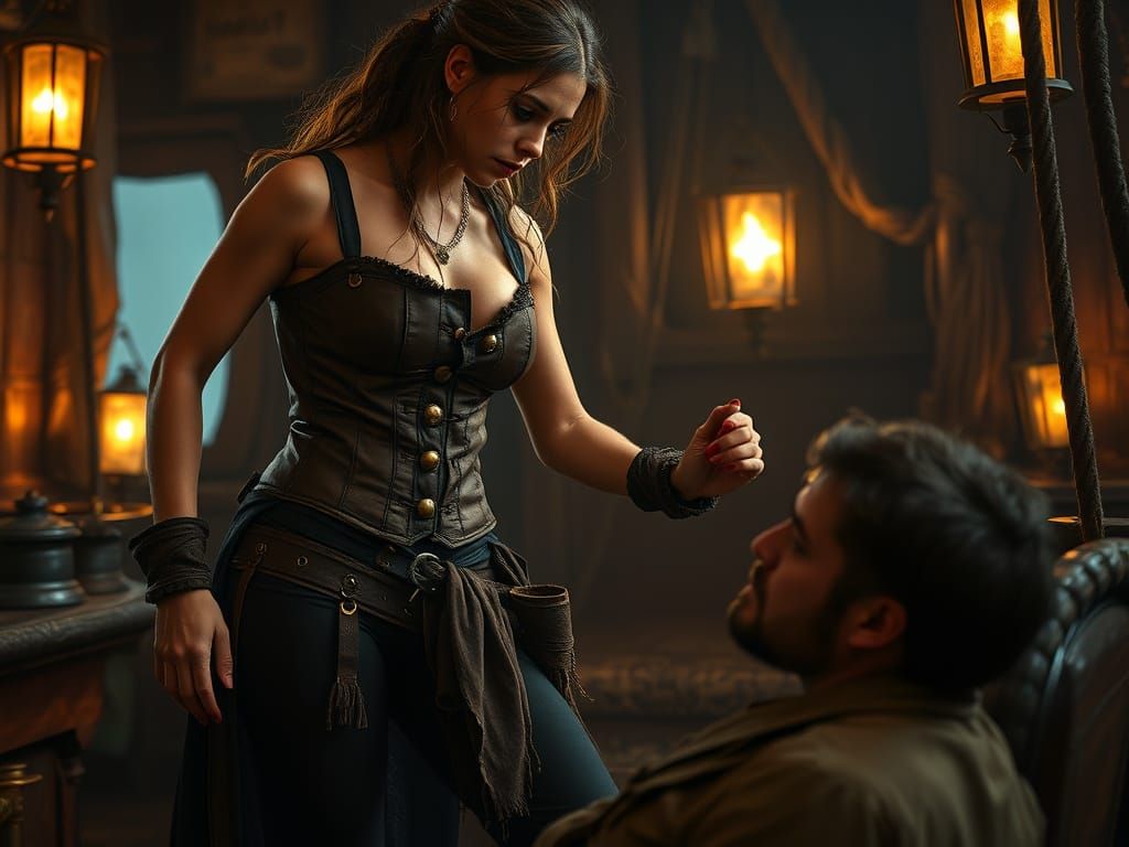 Rugged Pirate Captain Exerts Dominance in Intimate Cabin Sce...