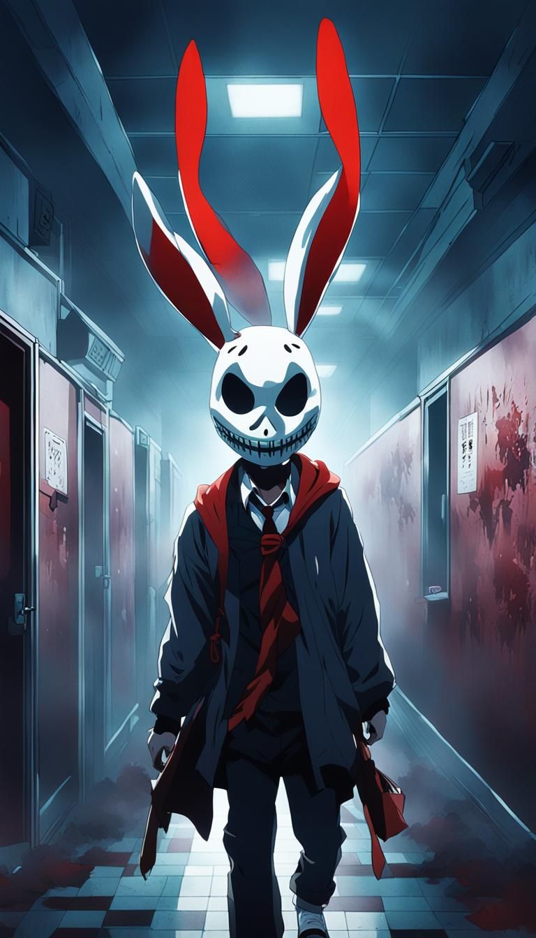 Ghostface Killer Chased by Rabbit Actors in Anime Style