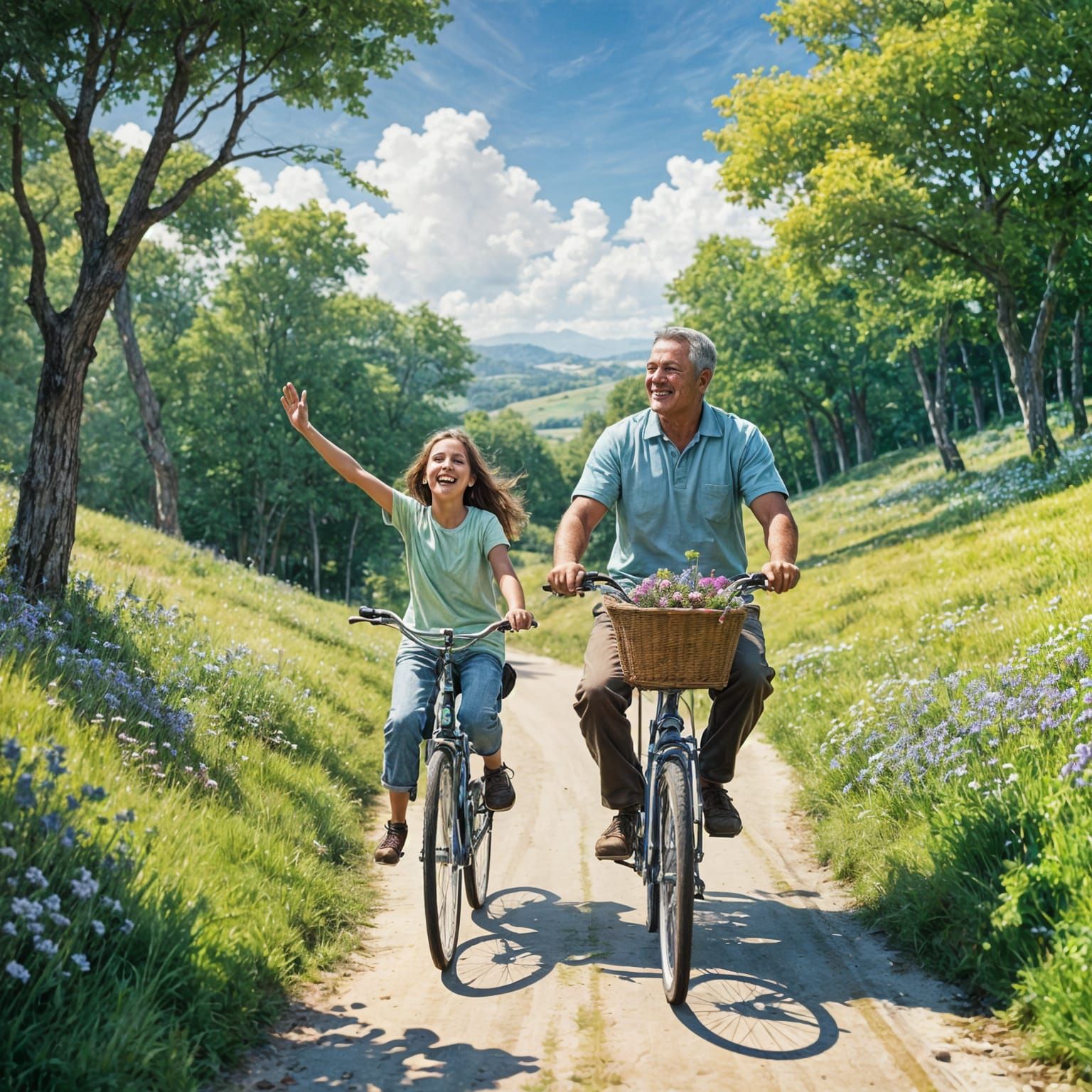 "A heartwarming scene of a father riding a bicycle down a peaceful, sunlit path. A joyful young girl is seated in a chil...