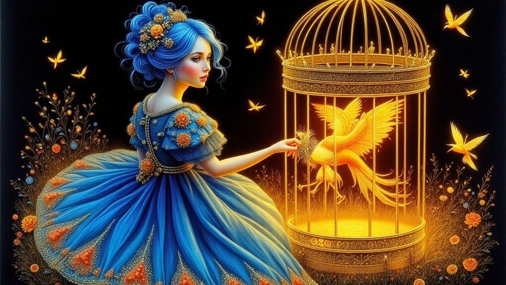 Fantasy Woman with Phoenix Birdcage: Fairytale Illustration