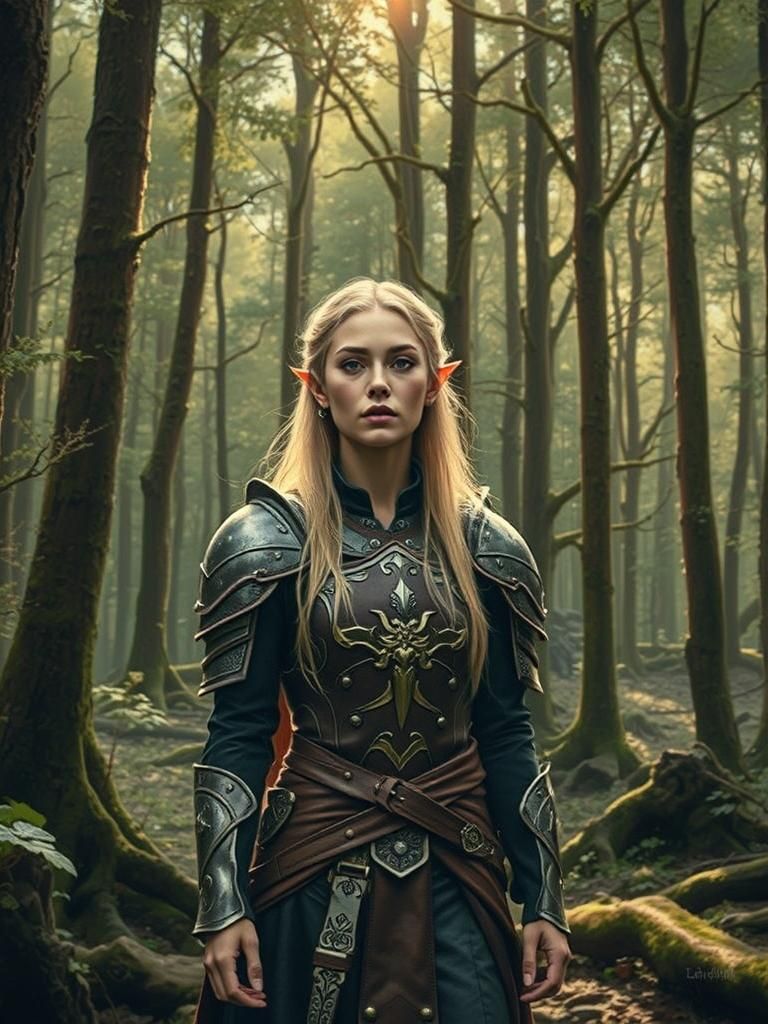 A regal Elf Female warrior, clad in intricately crafted heav...