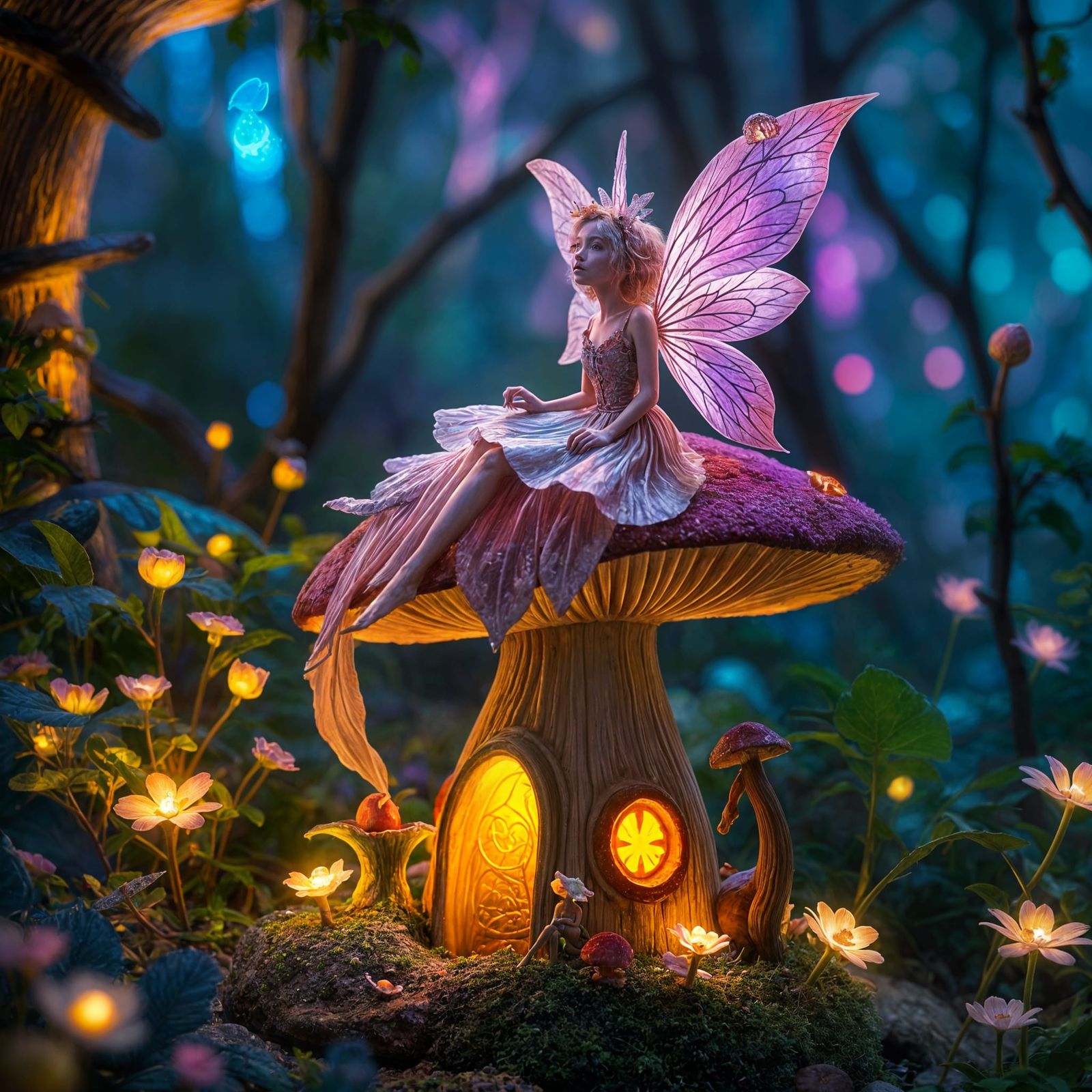 Crying Fairy in Bioluminescent Mushroom Forest