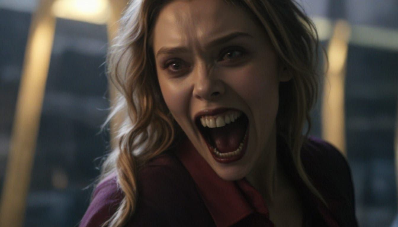 Elizabeth Olsen as a Fierce Vampire with Pointed Teeth
