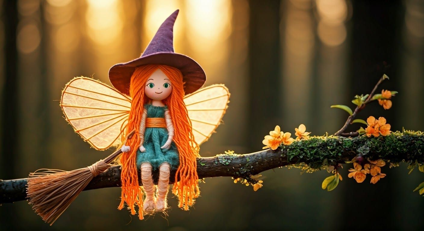 String Witch on Flowering Branch in Soft Mist