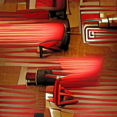 Art Deco Room with Red Curtains and Chevron Floor