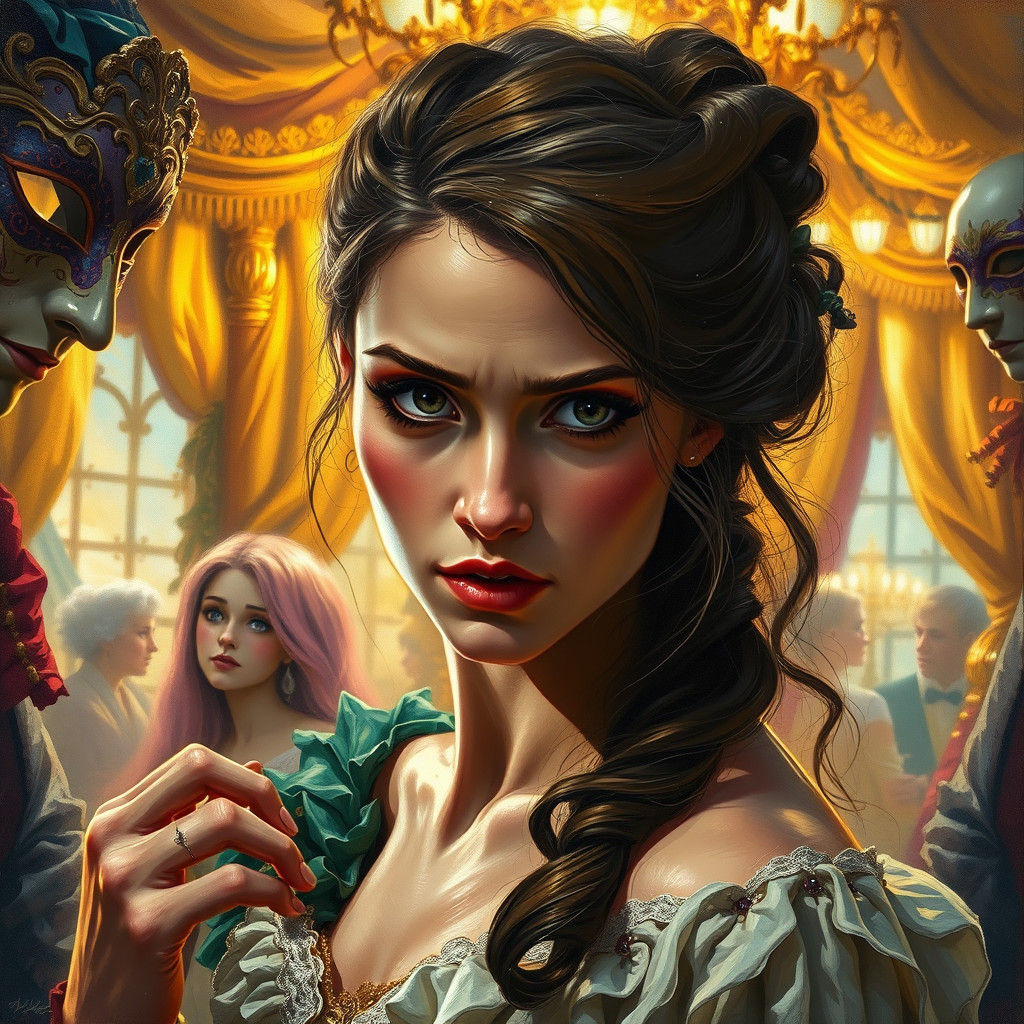 Intense Gaze at Masquerade Ball, Oil Painting
