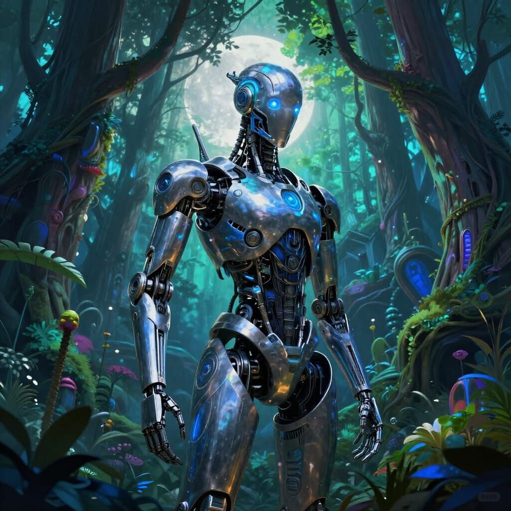 Cyborg in Mystical Forest with Ethereal Moonlight