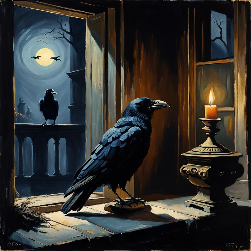 Raven on a Windowsill in Chiaroscuro Oil Painting