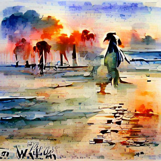 Watercolor Beach at Dawn: Serene Coastal Scene