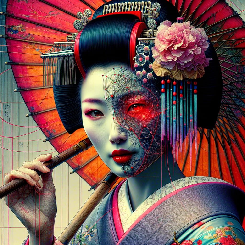 Geisha Portrait with Cyberpunk Elements and Red Threads