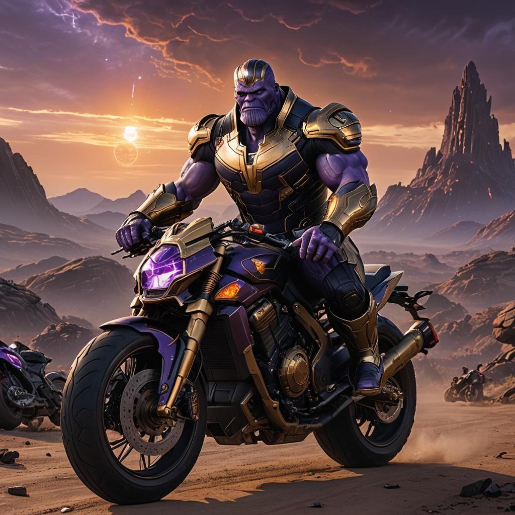 Thanos Rides a Futuristic Motorcycle Through Wasteland