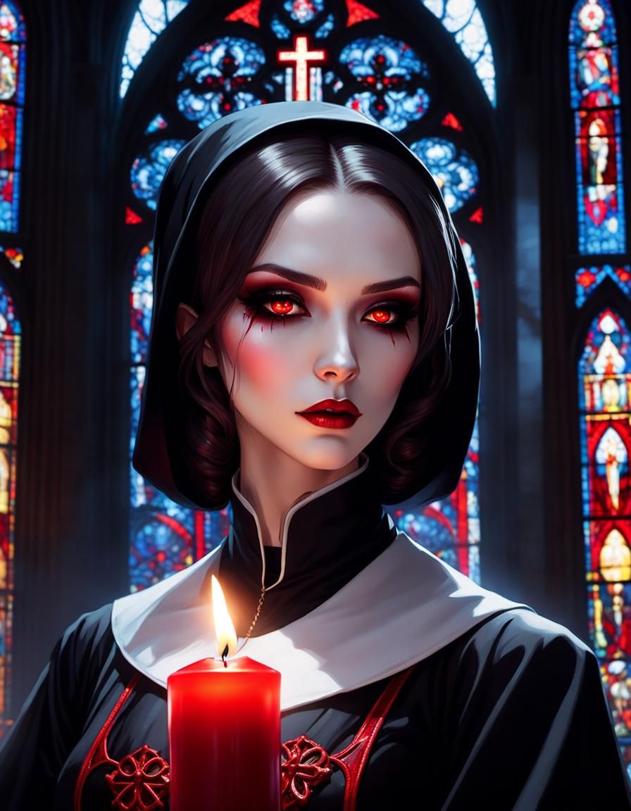 Vampire Nun Praying in Gothic Cathedral, Manga Art