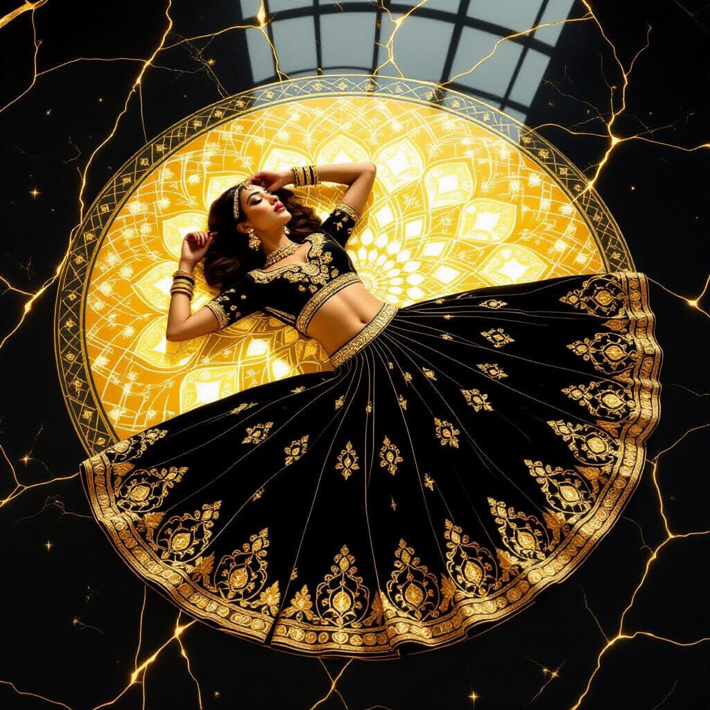 Model in Black Lehenga on Gold-Cracked Tile Floor