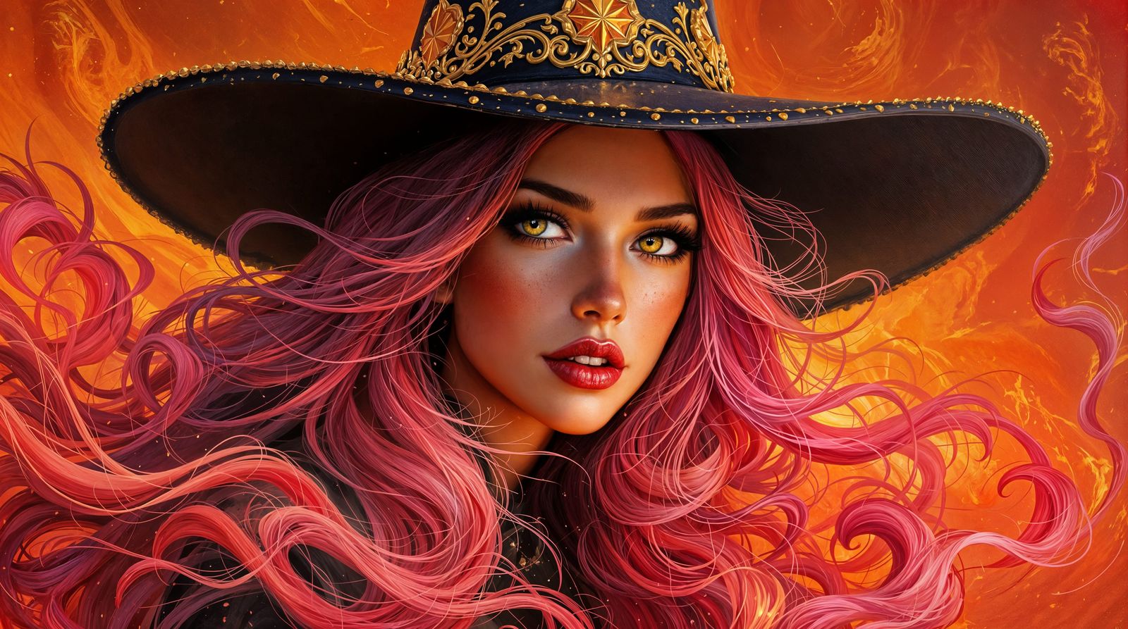 Mystical Oil Painting of a Fiery Witch in a Flaming Hat