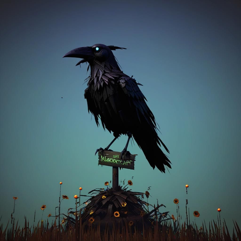 Glitchcore Crow on Grimdark Scarecrow Digital Art