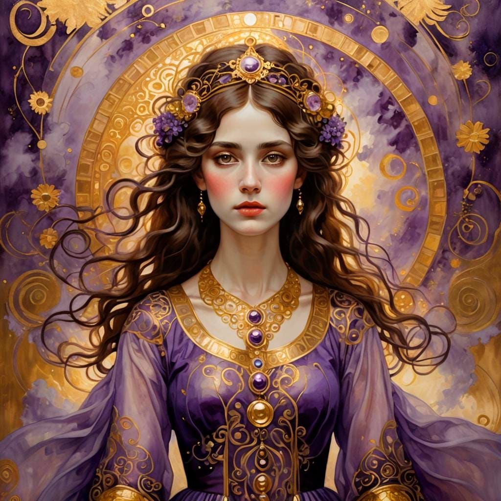 Girl in Purple Dress, Klimt-Inspired Painting
