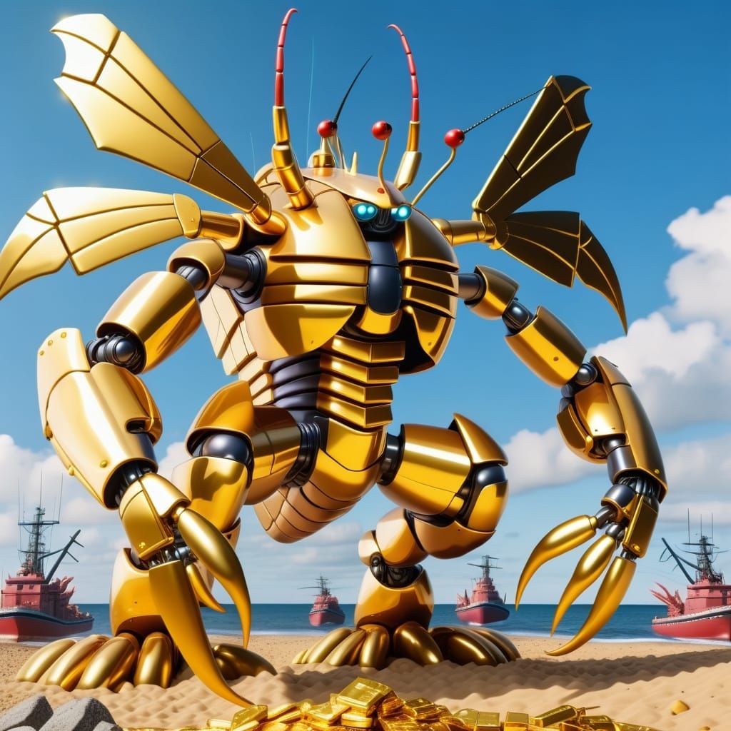 Giant Gold Robot Lobster Versus Robot Mosquito
