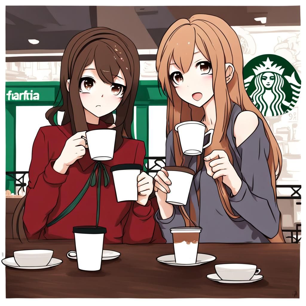 Girls Drinking Coffee in Anime Style