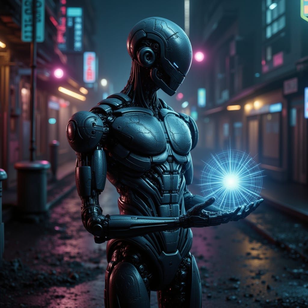 Cyborg Holds Magic Spy Ball in Cyberpunk Night City
