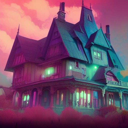 Monster House in Cyan and Magenta, Detailed Concept Art