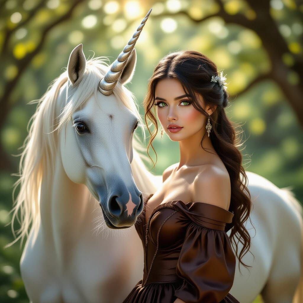 Woman and Unicorn in Enchanted Forest