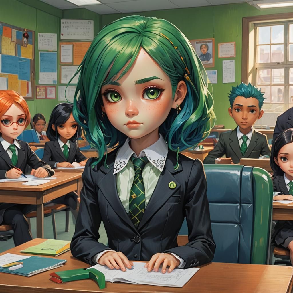 Green-Haired Doll in Classroom: Fantasy Concept Art