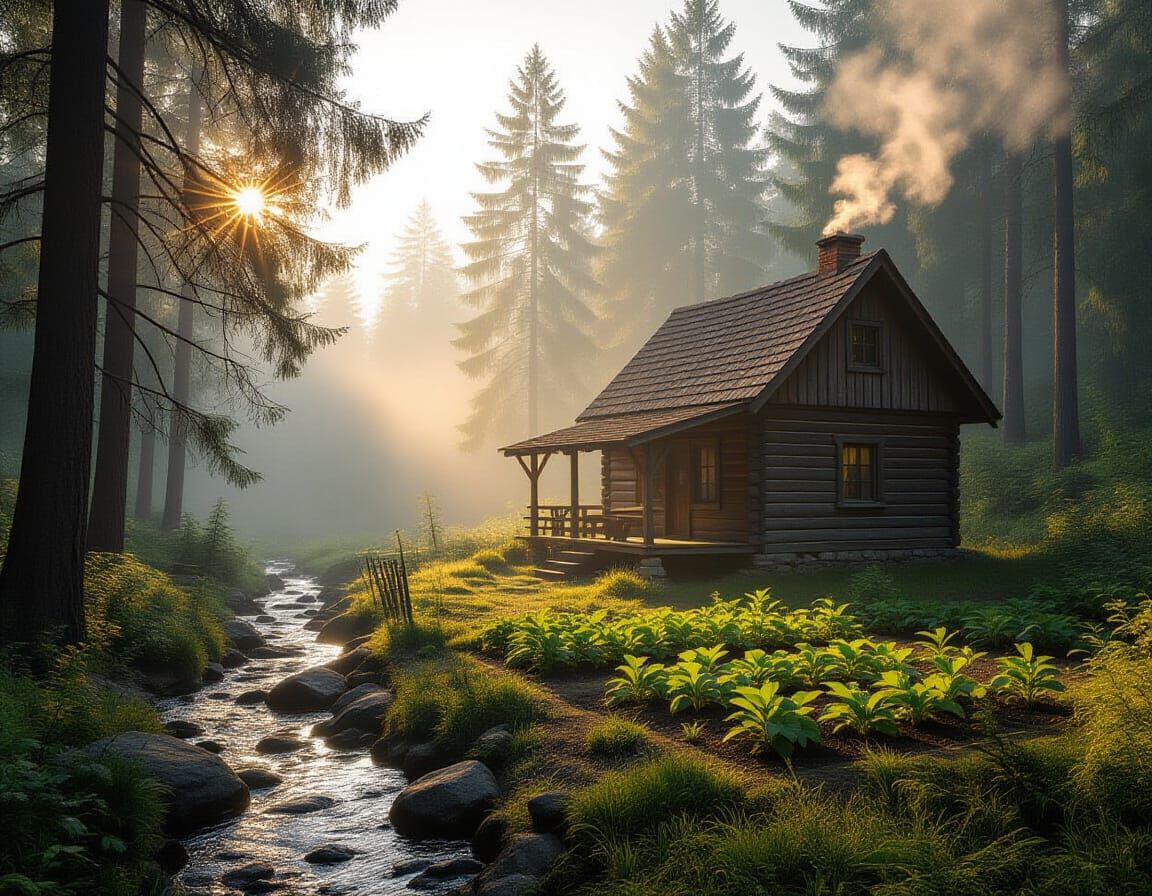 Rustic Cabin in Ancient Forest at Dawn