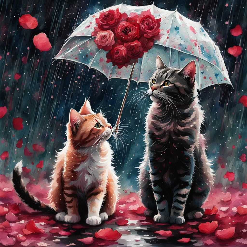 Cats in Rose Petal Rain: Watercolor Heart