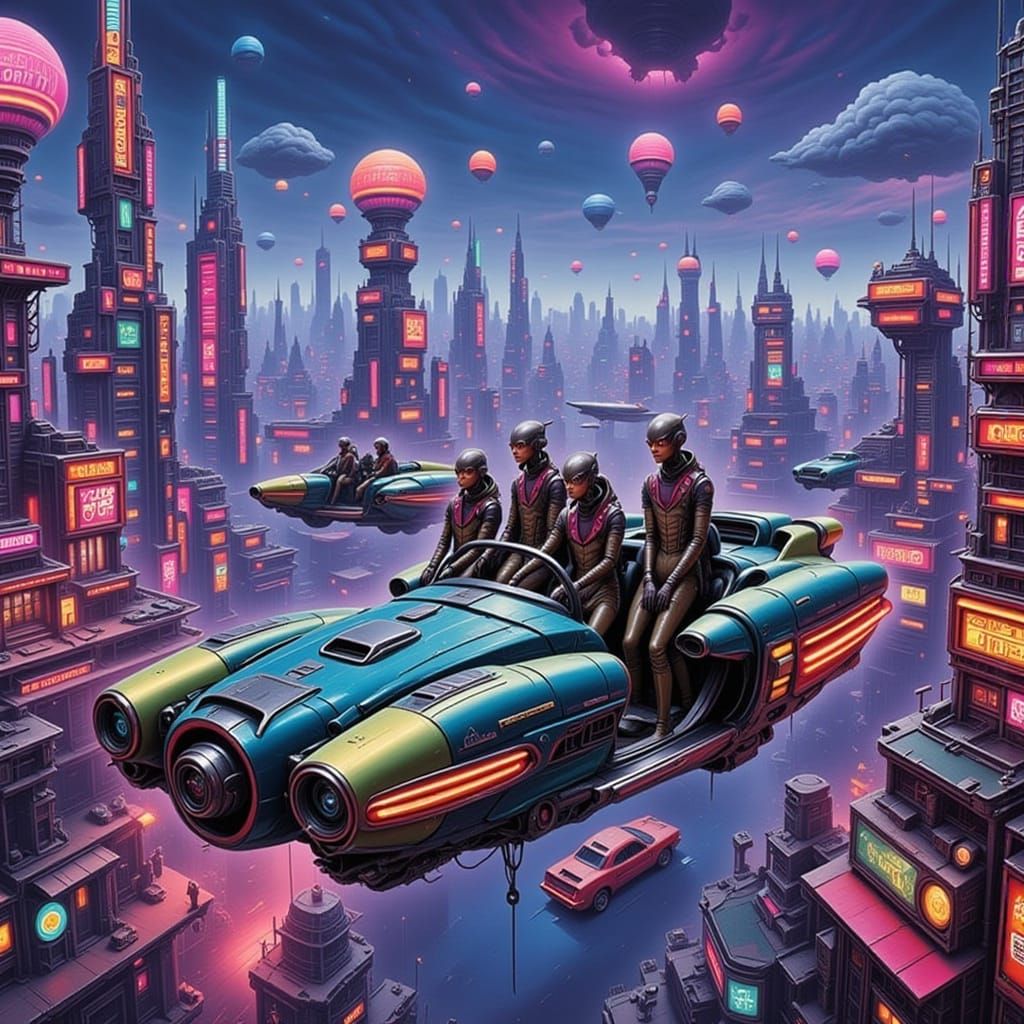 Alien Tourists Explore Cityscape in Flying Car