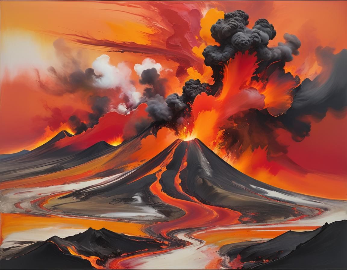 A dramatic scene of an active volcano erupting, with ash clo...