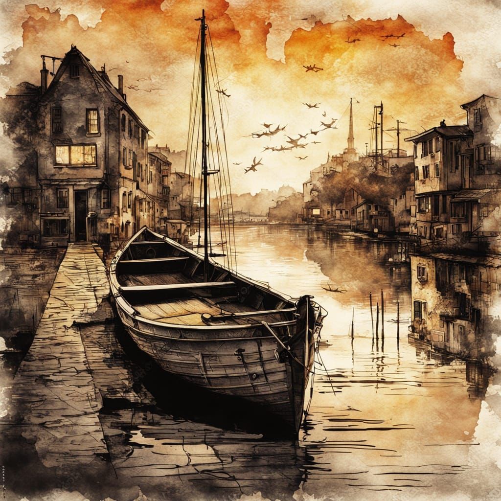 Steampunk Lake Scene in Modern European Ink Painting Style