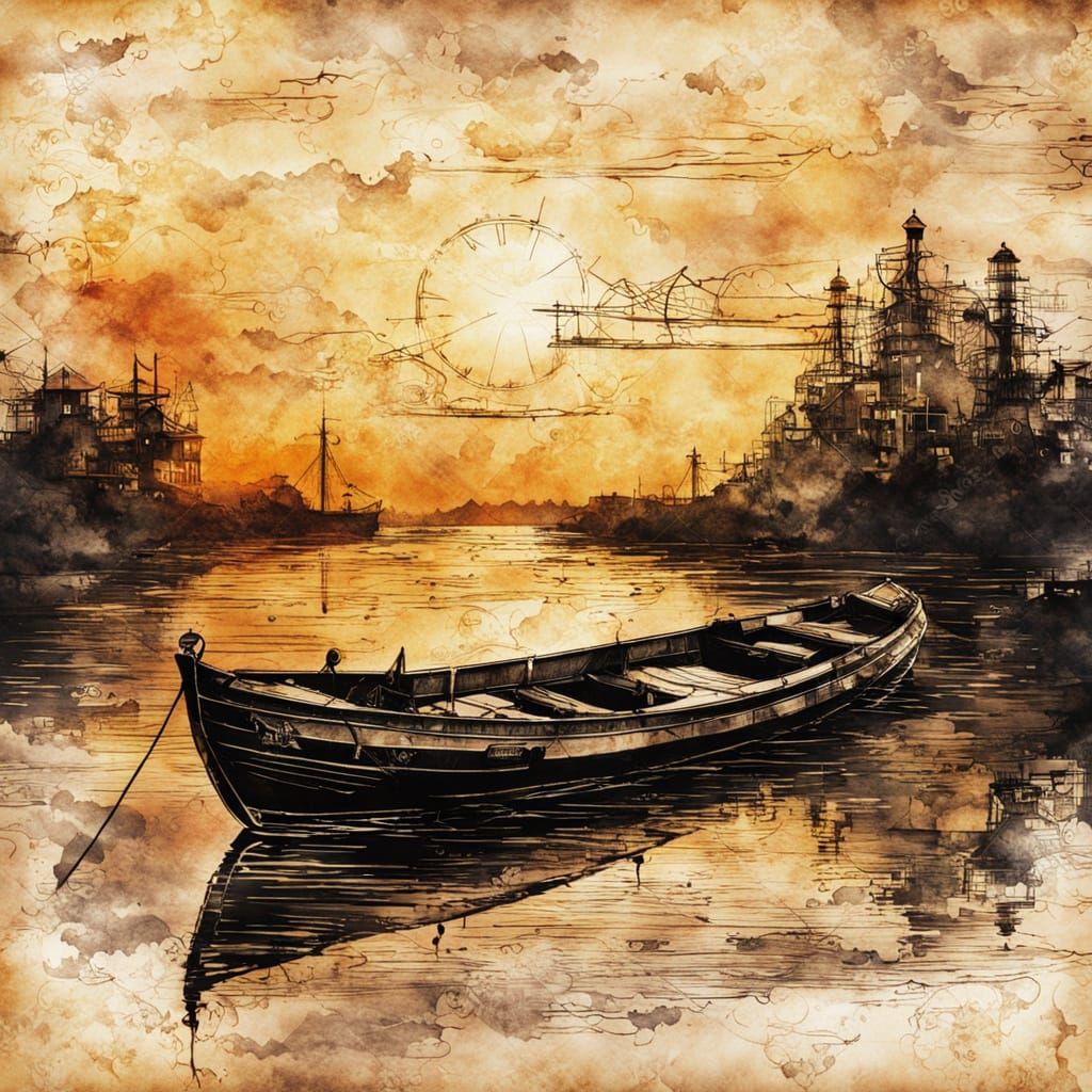 Steampunk Sunset Boat on Vintage Crumpled Paper