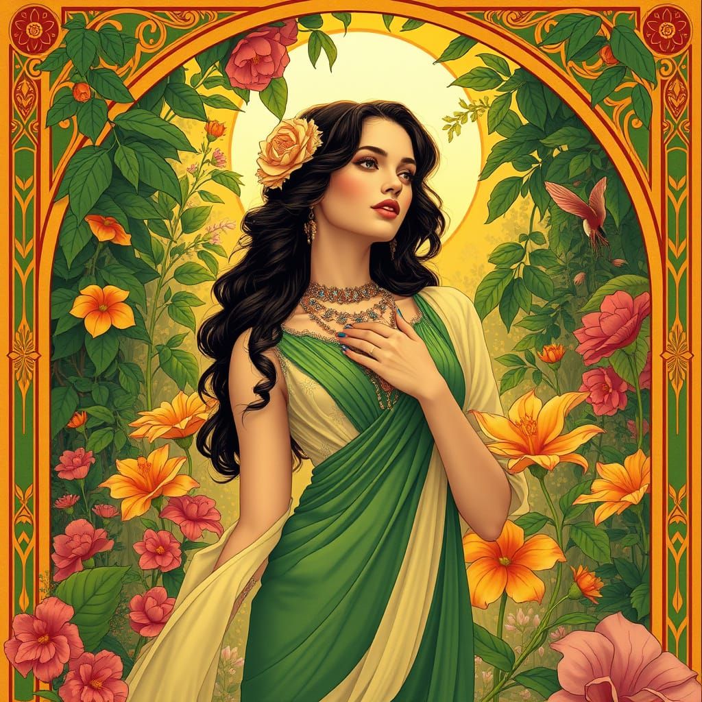 Woman Embodies Prosperity in Art Nouveau Style