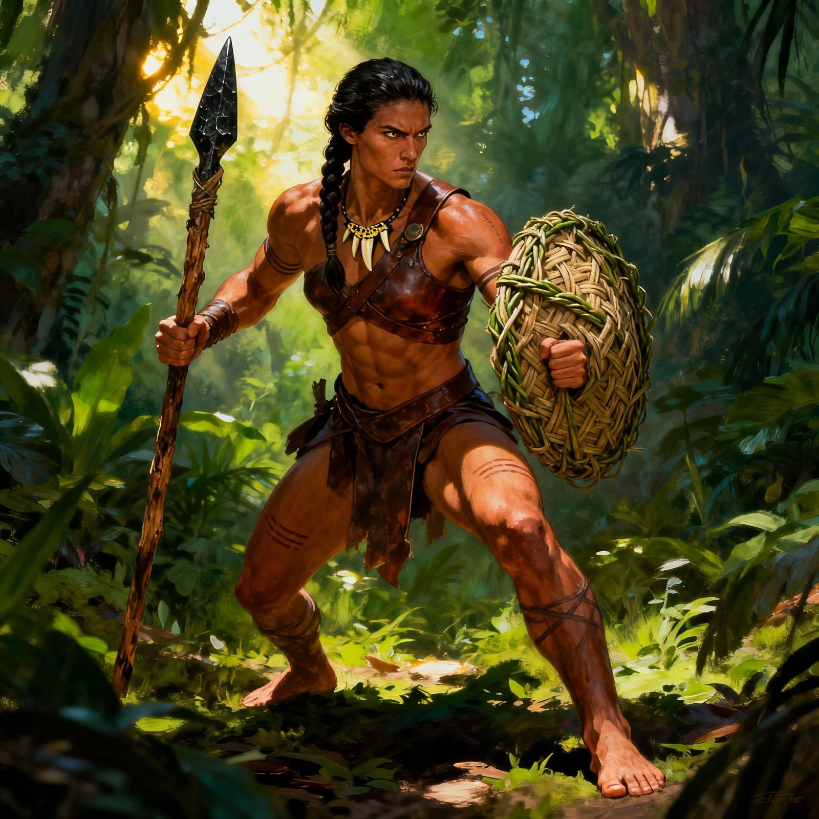 Amazonian Warrior in Battle Stance, Jungle Terrain
