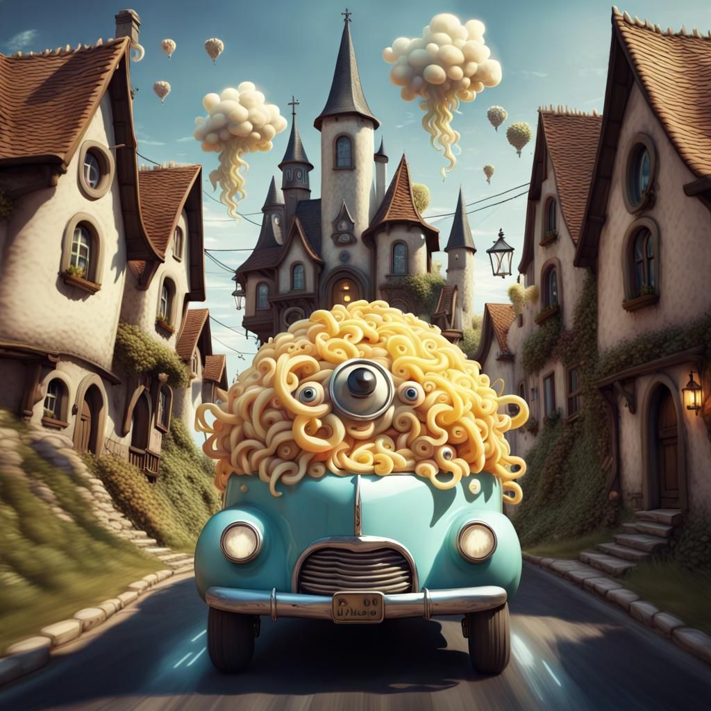 Imaginary gothic fantasy whimsical stylized fractal recursive creepy  nuddle vehicle with face and eyes  and big wheels ...