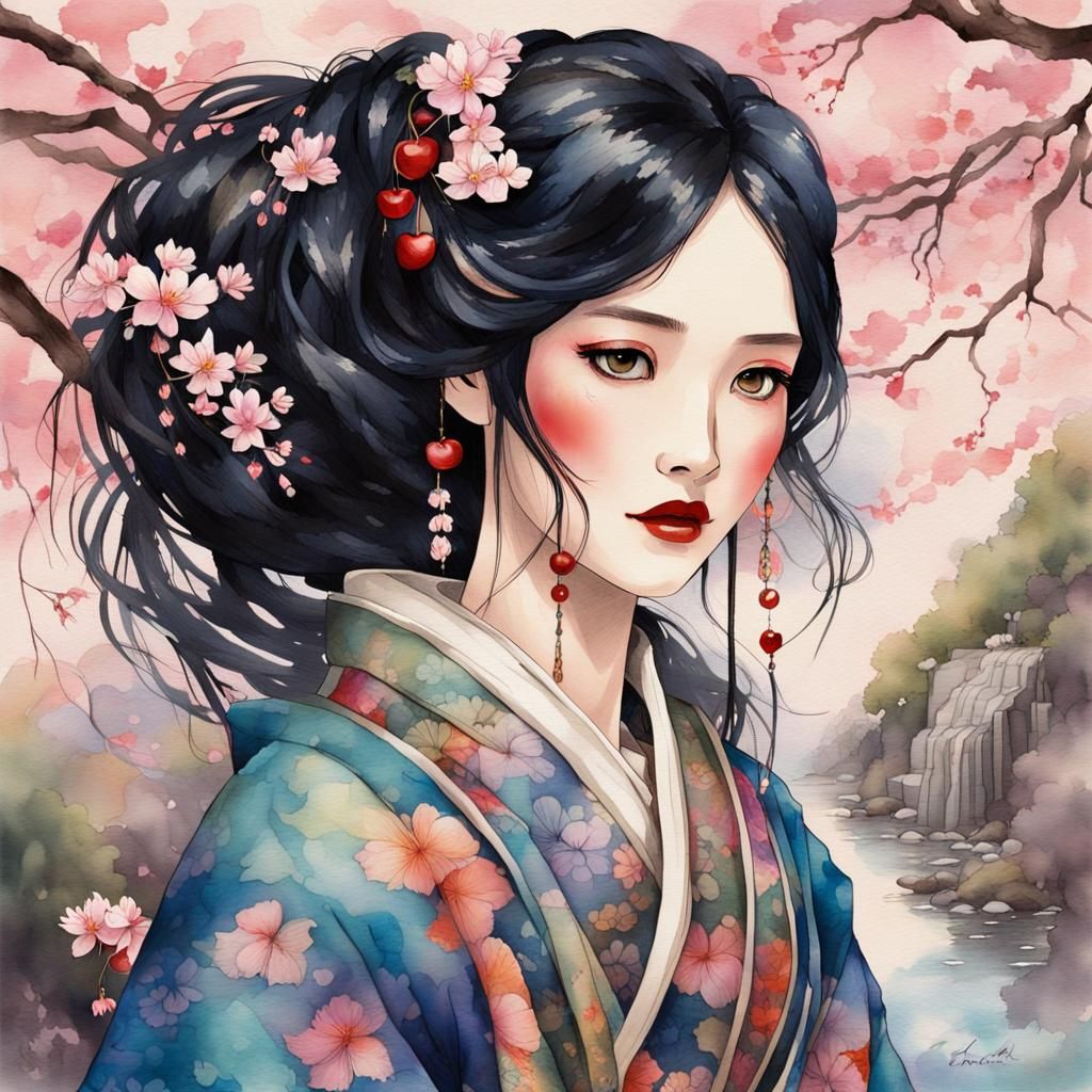 Japanese Woman in Anime Style with Cherry Blossoms
